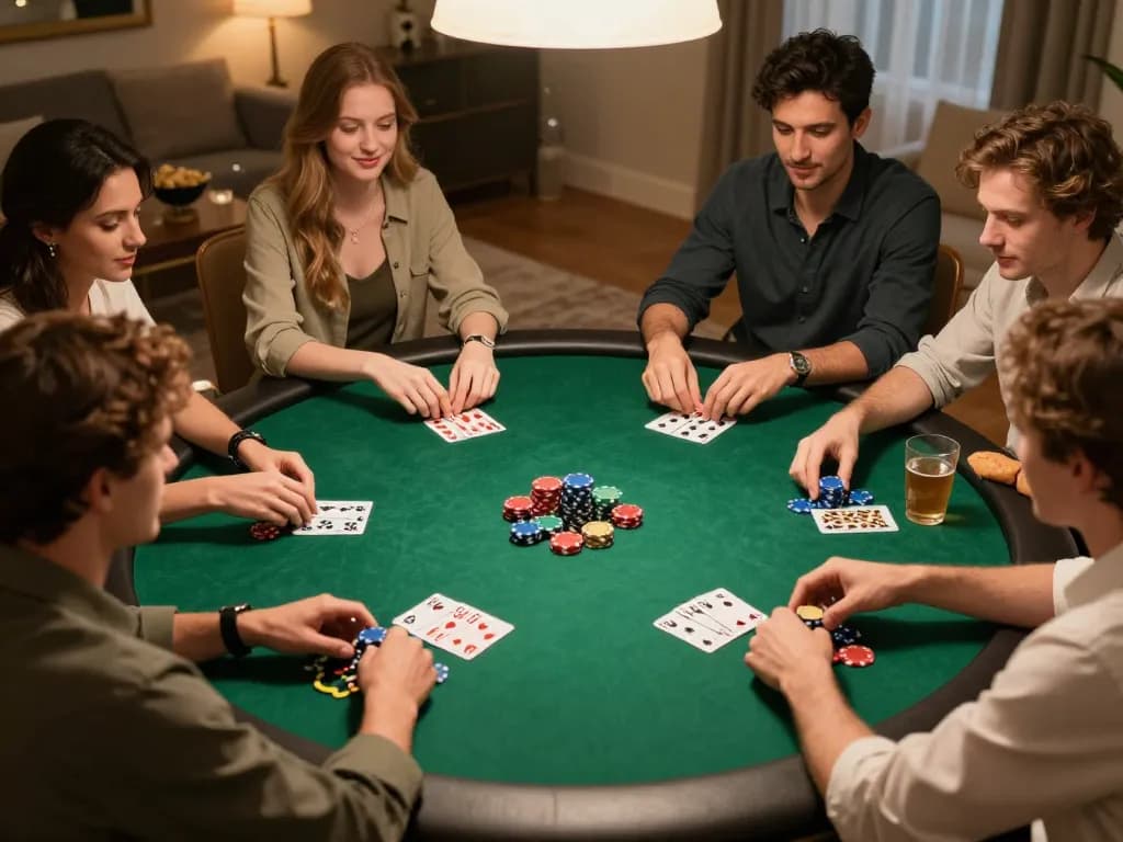 Friends enjoying a thrilling poker game night, showcasing strategic gameplay in a social setting with LGOGOAL.