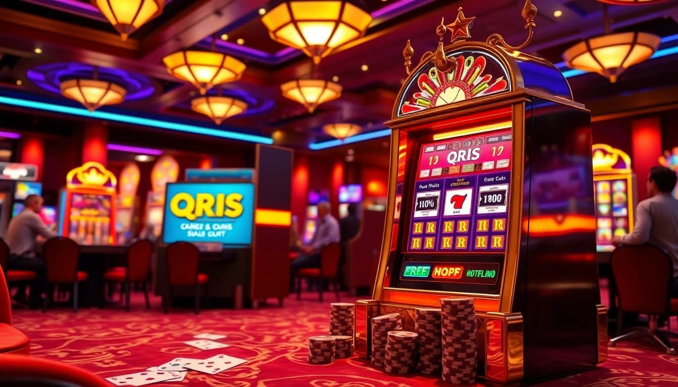 Players enjoying games on link slot qris, vibrant slot machine illuminated with excitement.