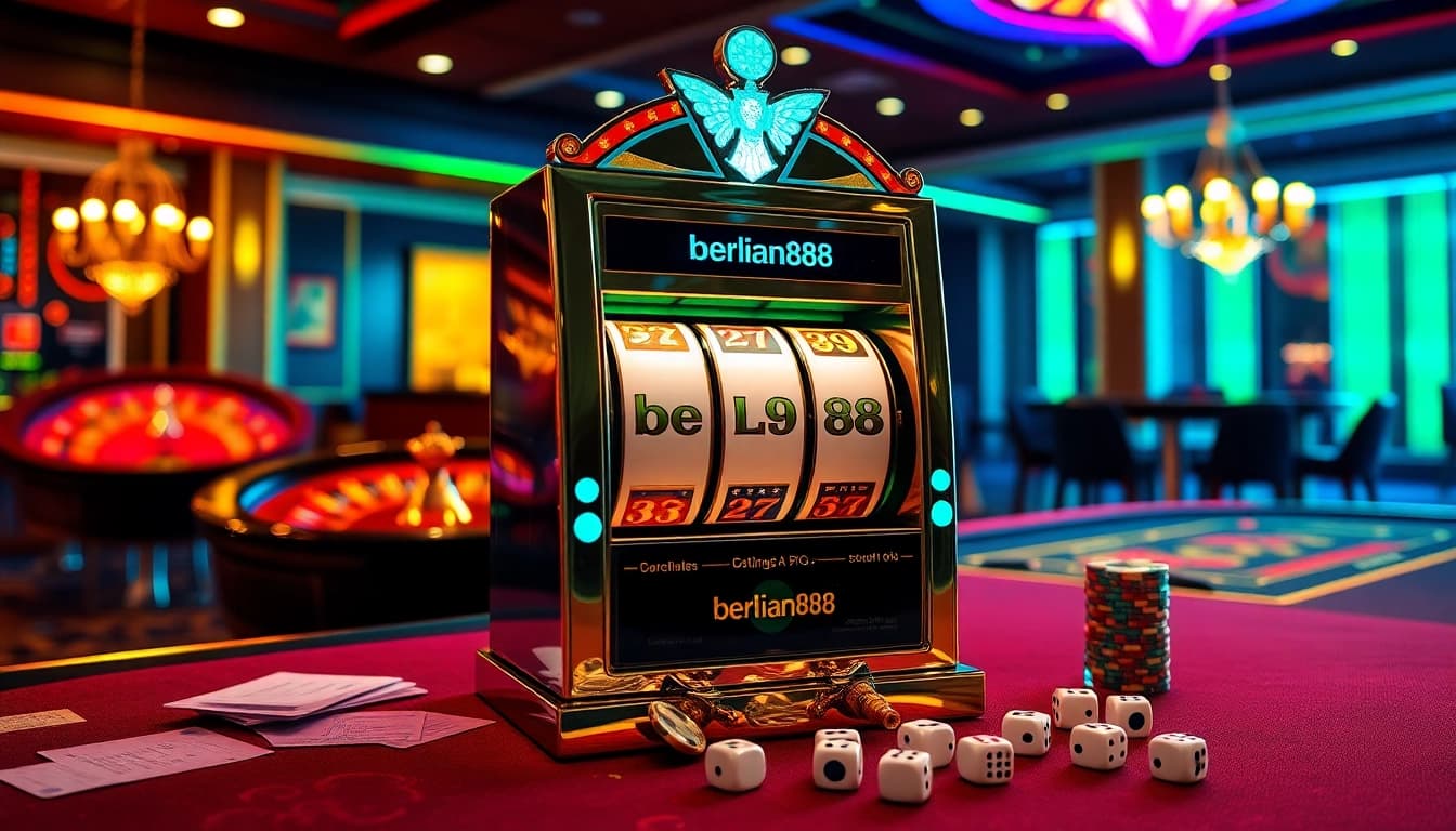 Berlian888 slot machine illuminated in a vibrant casino, showcasing excitement and luxury.