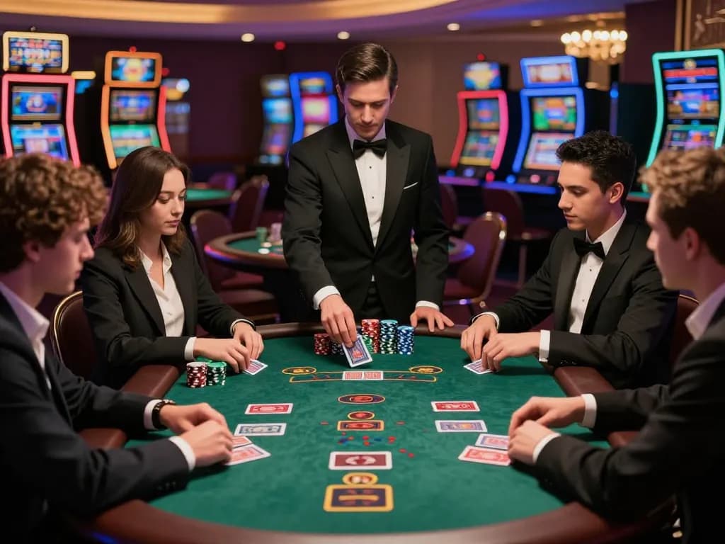 Permainan blackjack yang menarik di kasino yang ramai dengan hiburan paris888, menampilkan pemain yang fokus dan dealer profesional.