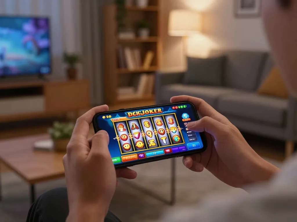 IDCJOKER player engaging with mobile slot game, showcasing vibrant graphics and a cozy home atmosphere.
