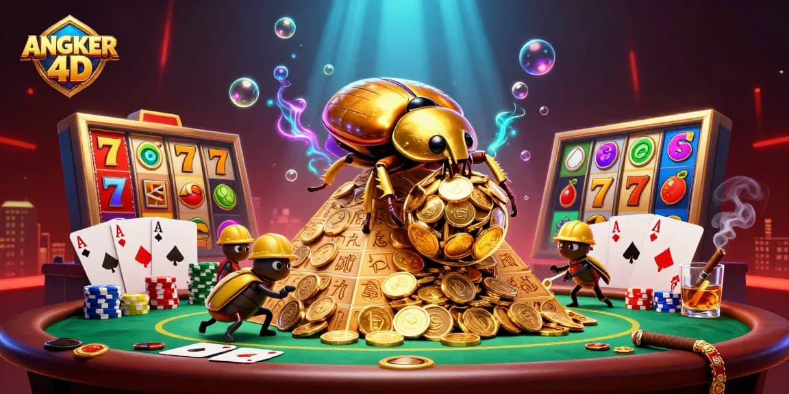 Engage with ANGKER 4D’s vibrant slot experience showcasing golden beetles and dynamic casino elements.