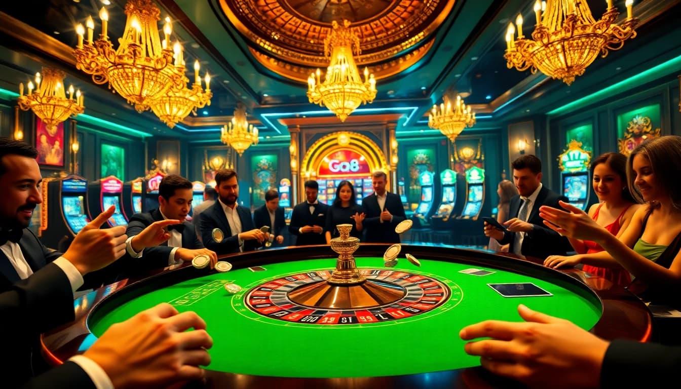 GO8 roulette table in an elegant casino, showcasing excitement and high-stakes gambling.