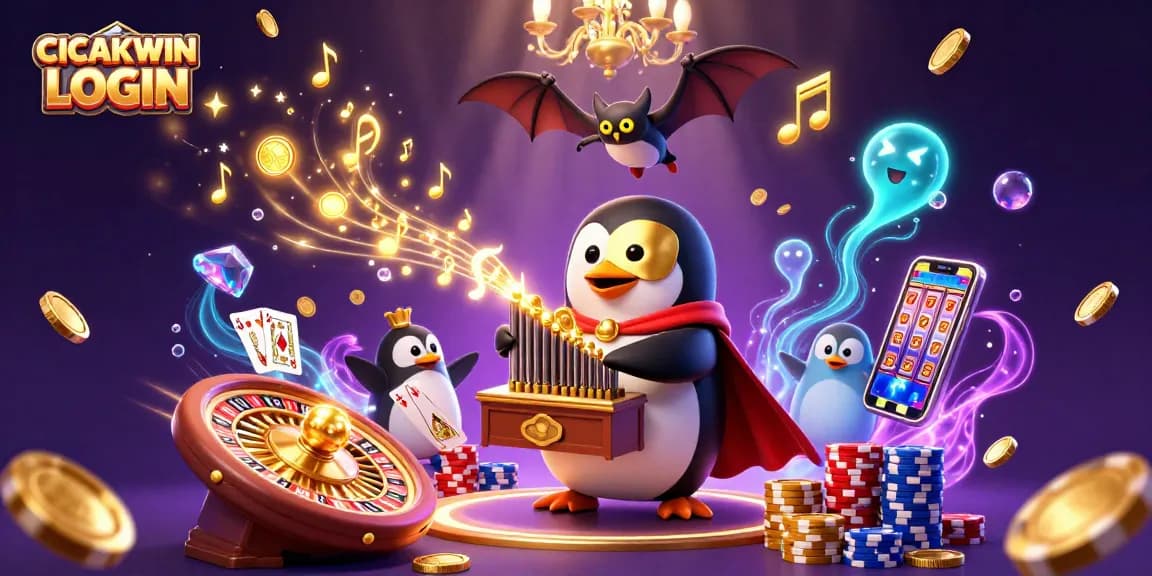 CICAKWIN LOGIN 3D scene with a cartoon penguin and magical casino elements, celebrating gaming and fun.