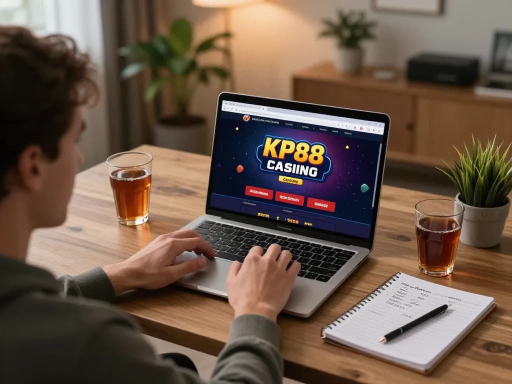 Player engaging with KP88 online casino on laptop, showcasing strategic notes in a cozy home setting.