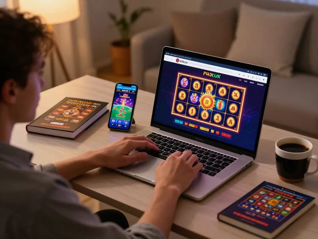 Engaged player explores LGOLUX gaming interface on a laptop during online casino session.