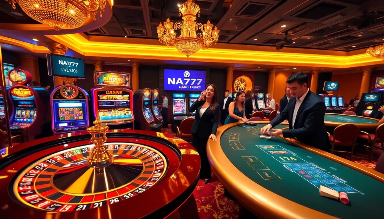 NA777 casino scene with professional dealer and excited gamblers at tables.