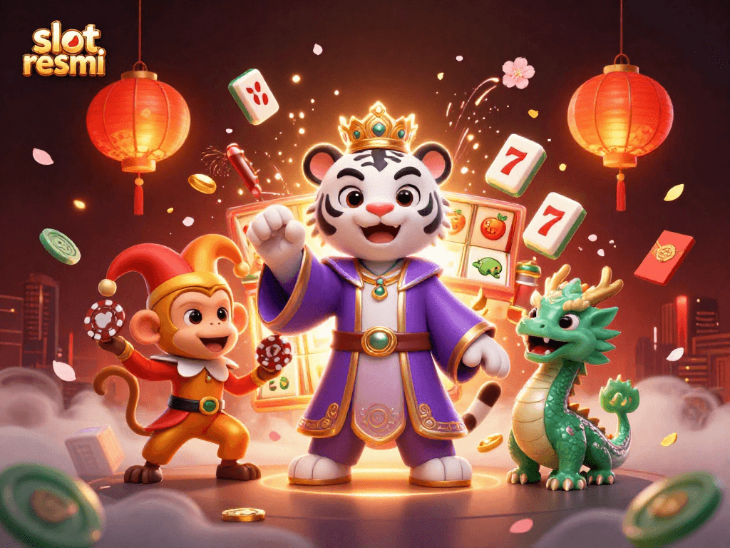 Visualisasi slot resmi yang menampilkan harimau putih, monyet emas, dan naga giok di permainan kasino.
