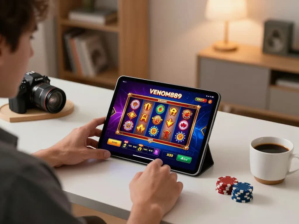 Experience dynamic gameplay with the VENOM889 app showcasing vibrant slot graphics on a tablet.