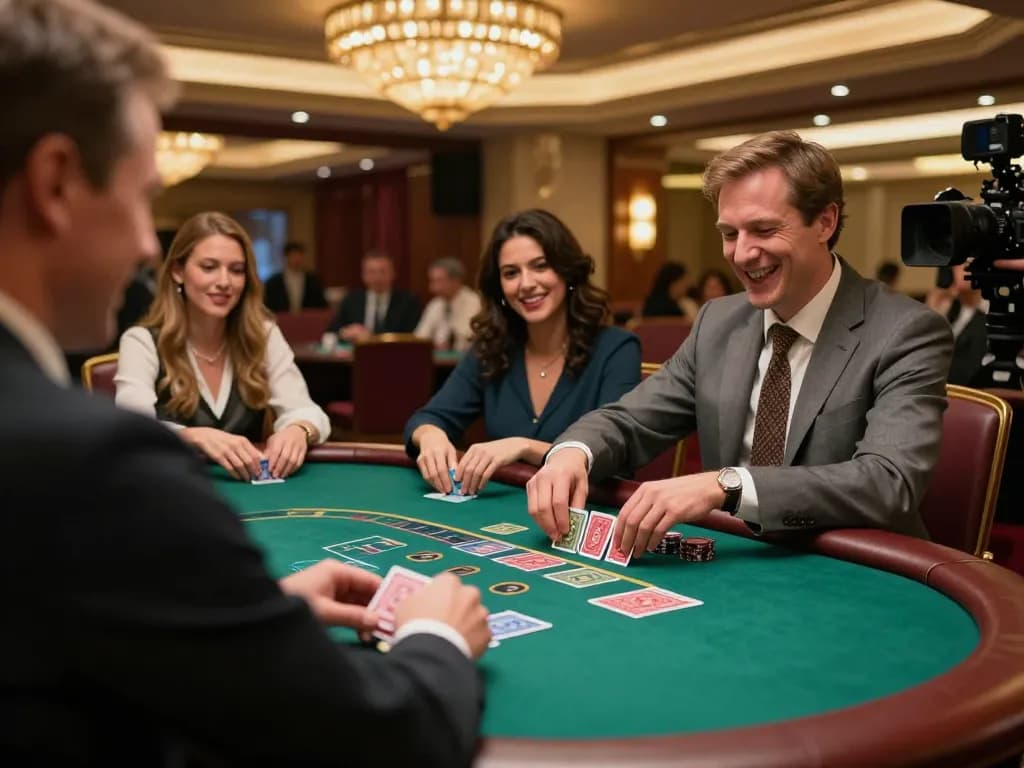 See players strategizing in ondel4d blackjack game with intense focus and excitement at casino.