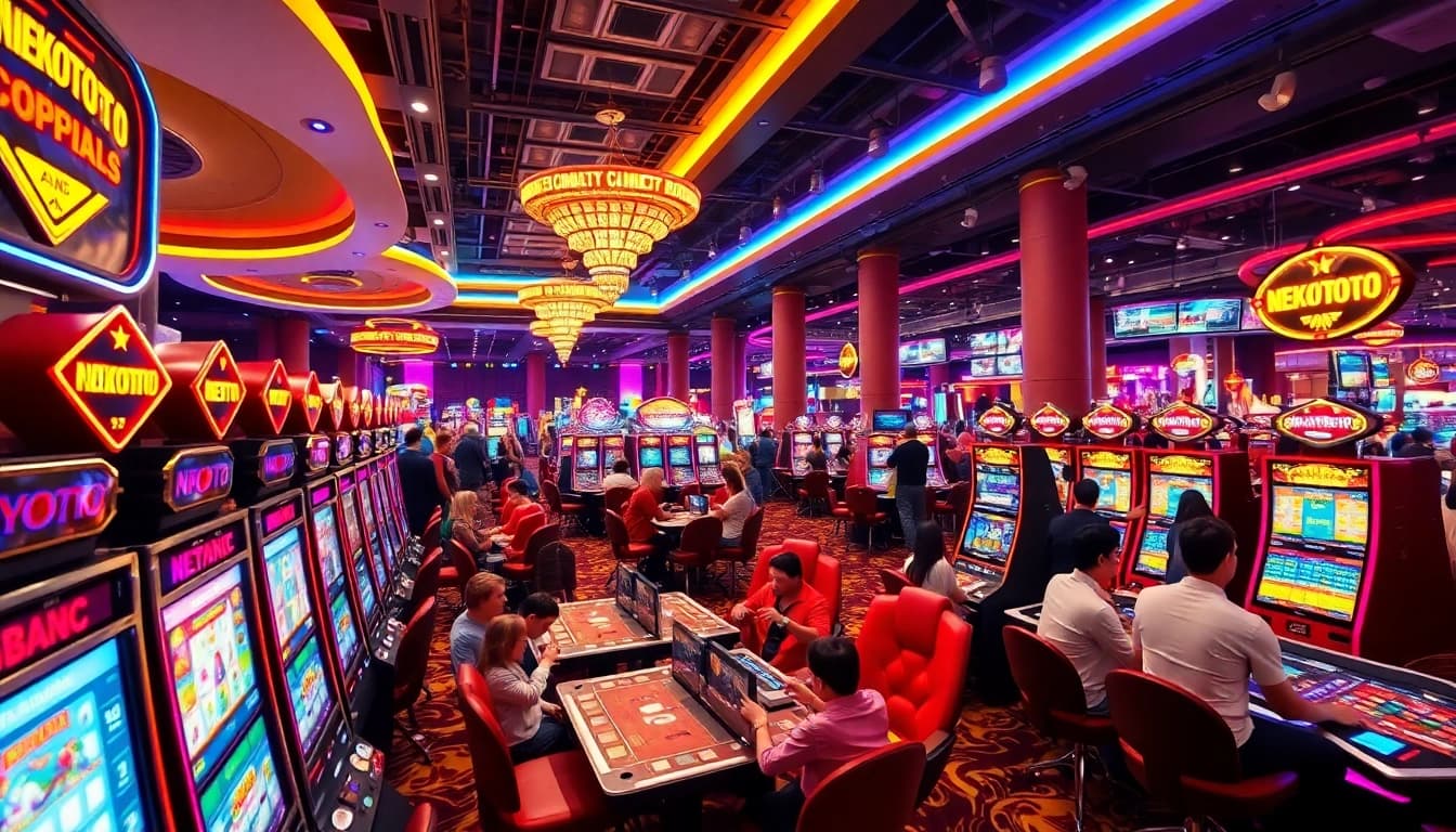 Permainan NEKOTOTO yang seru di kasino dengan mesin slot dan meja permainan yang berwarna cerah.