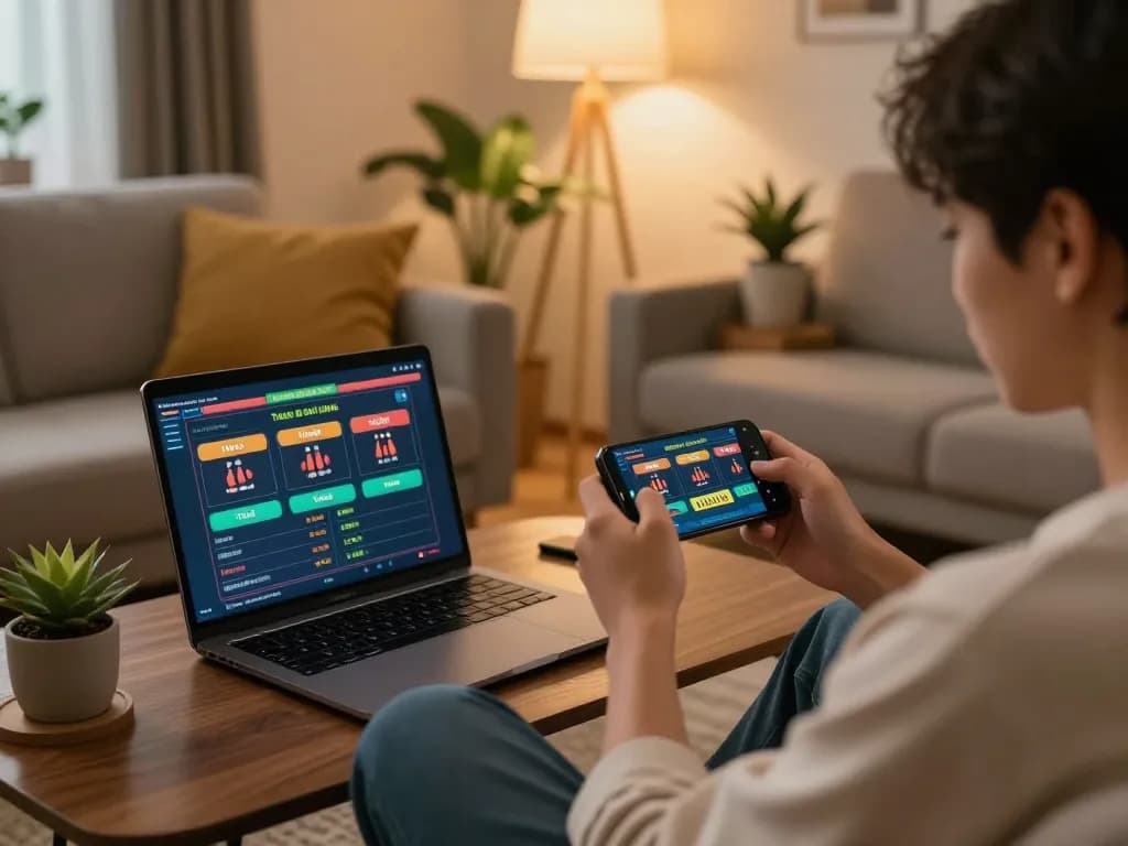 Player engaging in togel online betting on a smartphone in a cozy living room setting.