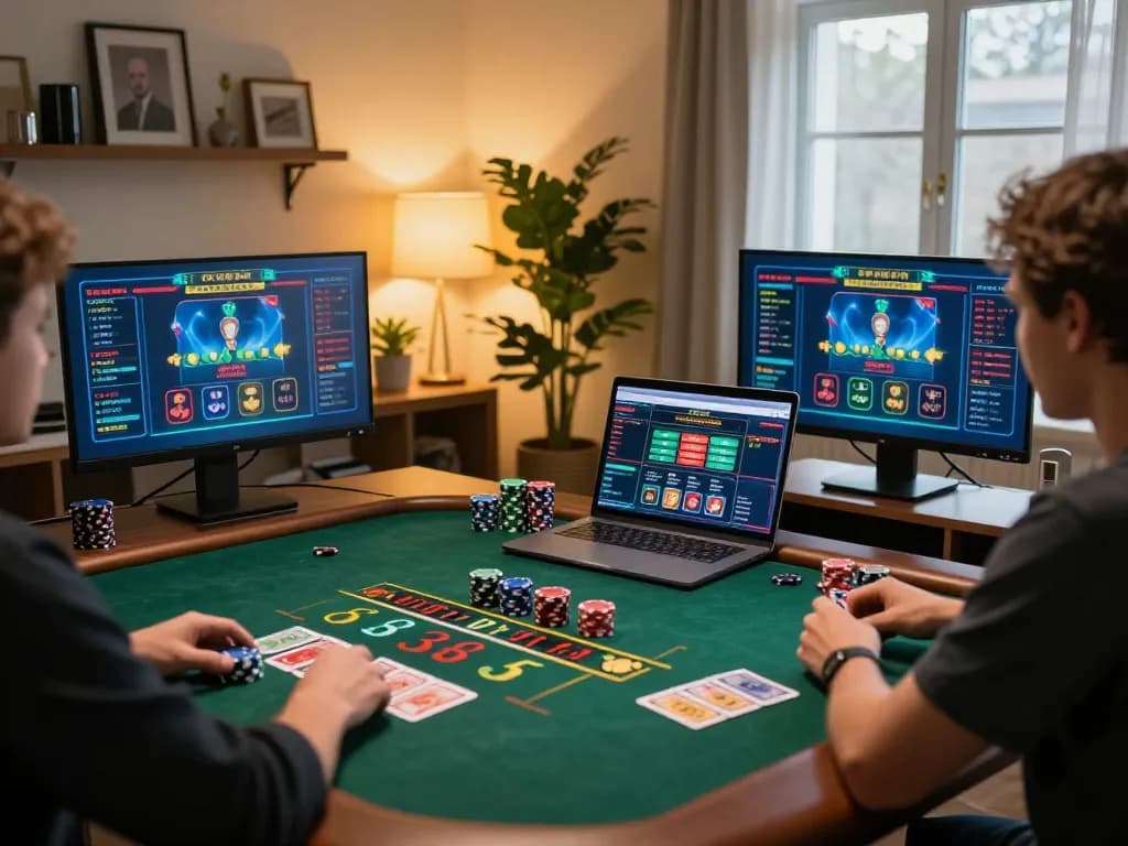 Engaging with nhà cái Net88 live dealer games showcasing a professional online gambling setup at home