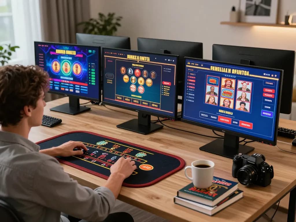 Xoilac user engaging with online casino games at home, showcasing multiple screens and strategy materials for enhanced gameplay.