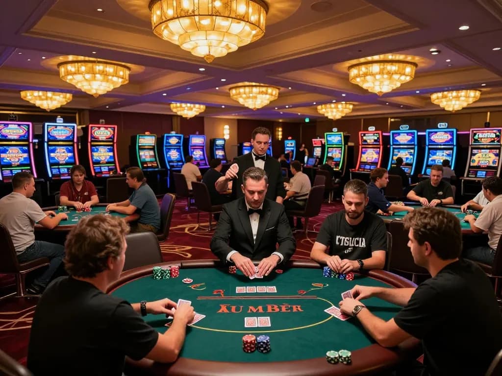 Players enjoying the express menu of games at a vibrant casino table, with colorful chips and cards visible.