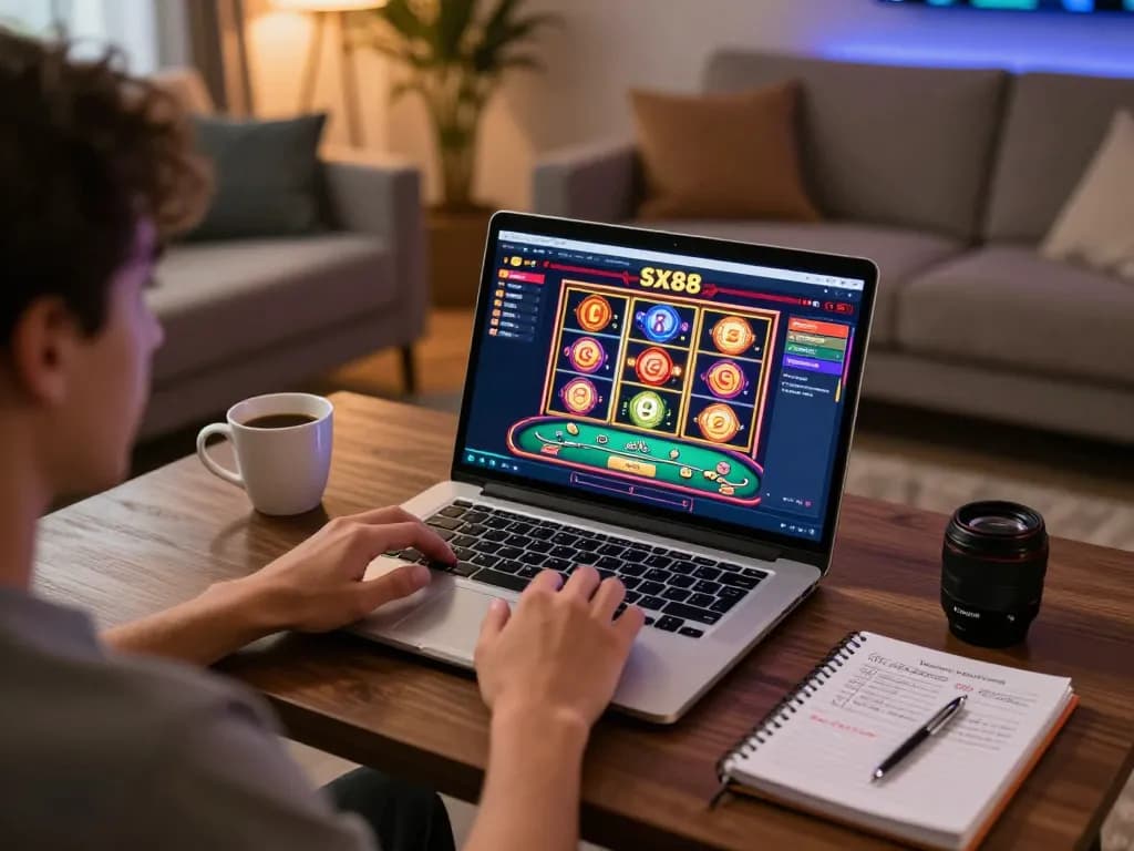 SX88 player using laptop at home for engaging online casino gaming experience.