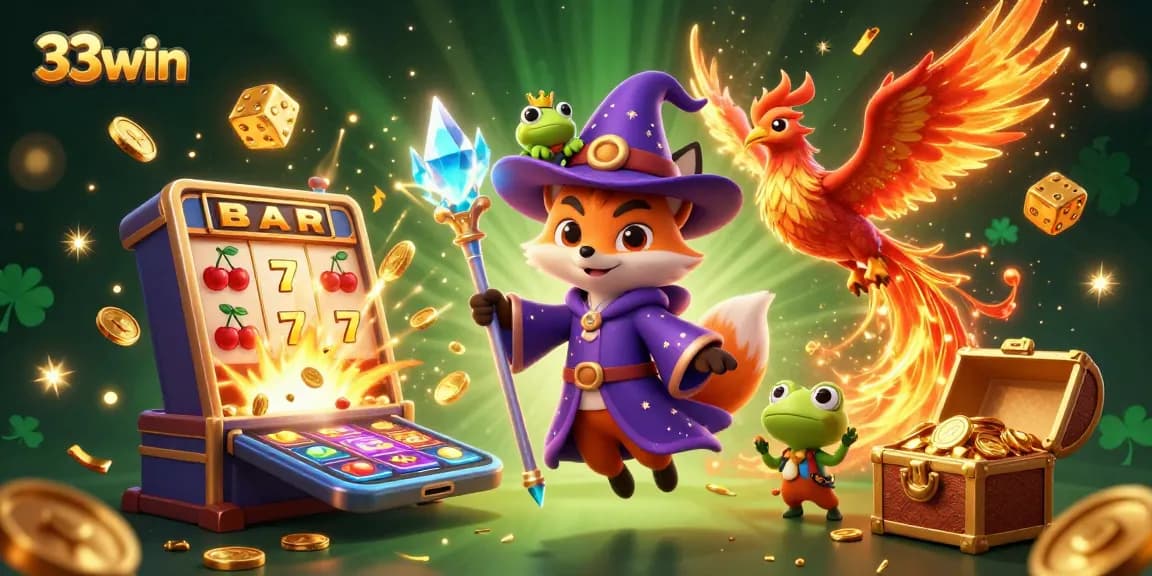 33win spins winnings at a vibrant casino with mystical characters and jackpot elements.