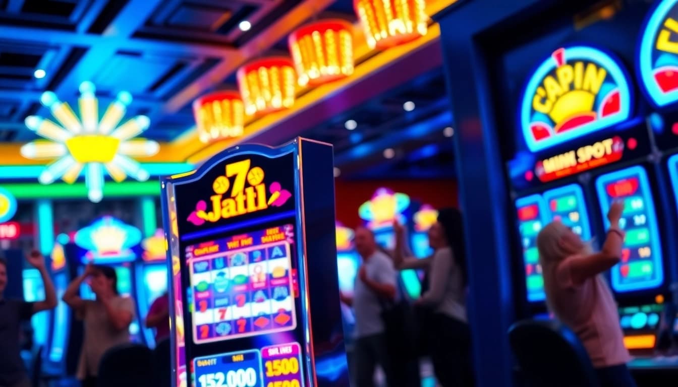 Menangkan jackpot pada slot mesin dengan pemain bersemangat di kasino.