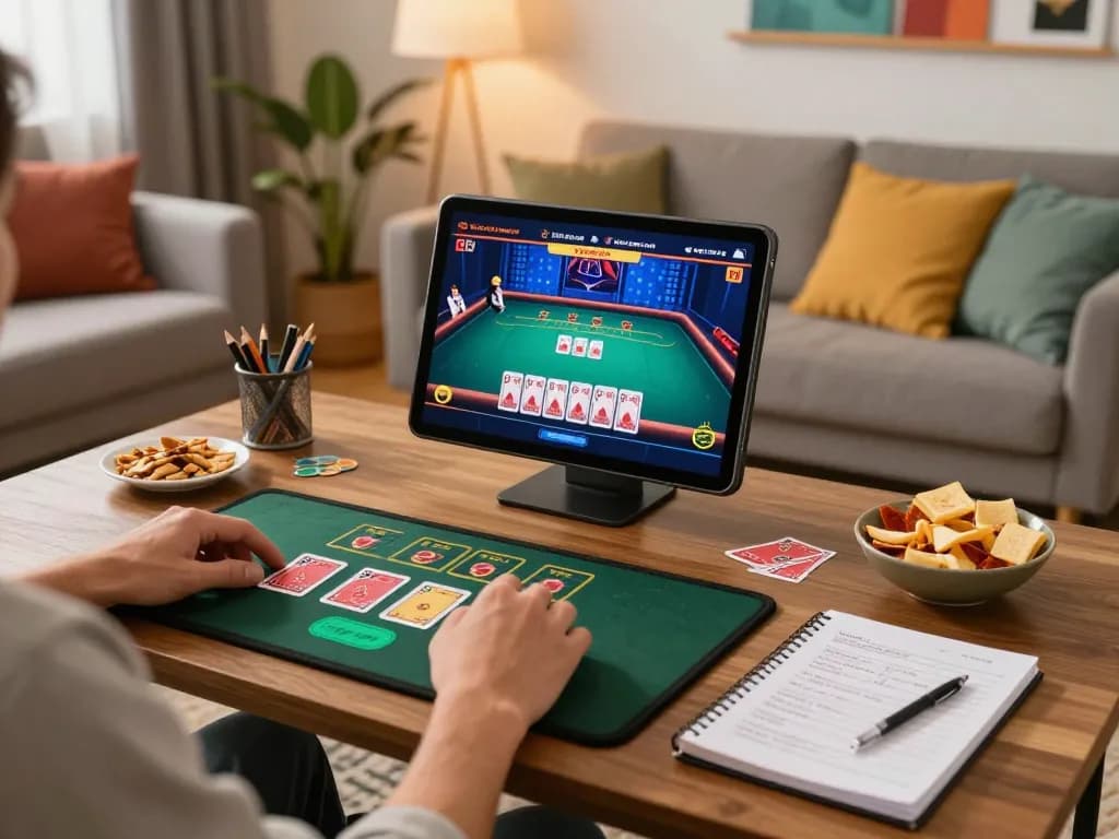 Engaging in a blackjack game at home, showcasing GO8 online gaming experience.