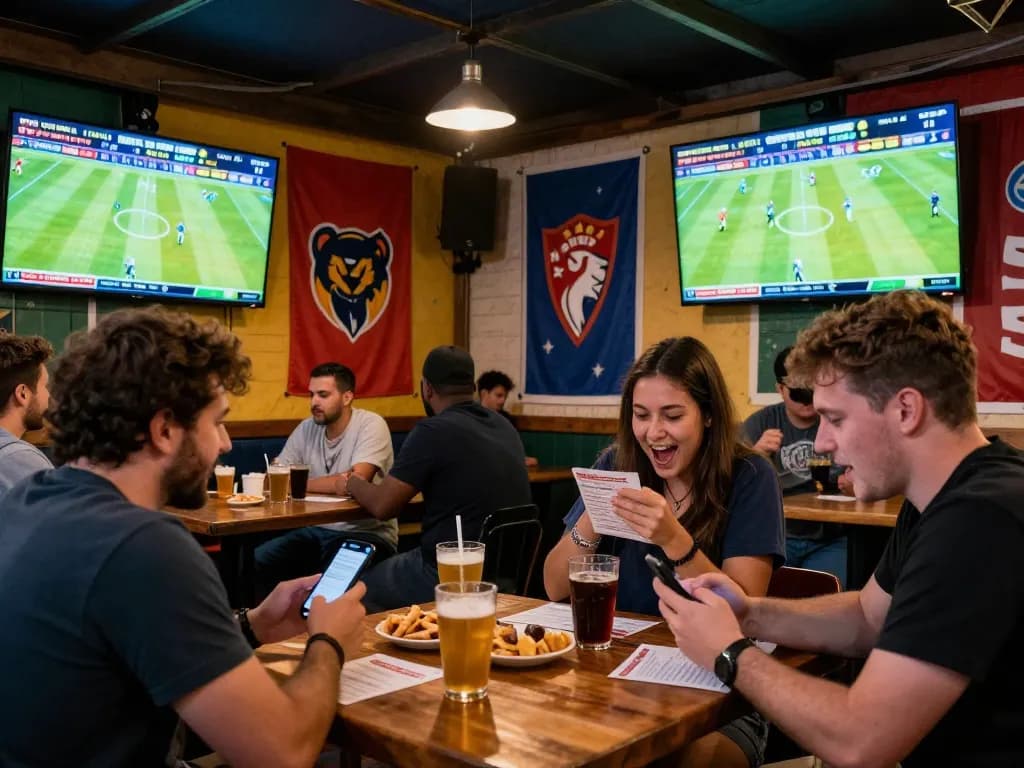 Patrons enjoying outdoor sports betting with excitement at a lively bar while checking keo nha cai updates.