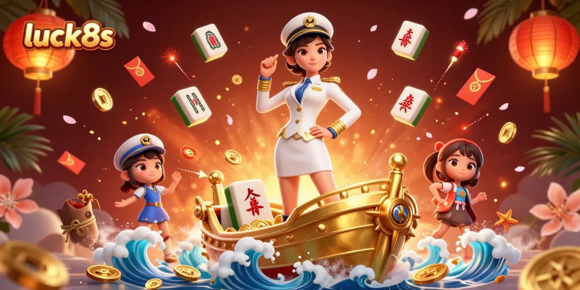 Experience luck8s at a vibrant casino scene with festive elements and an Asian naval officer.