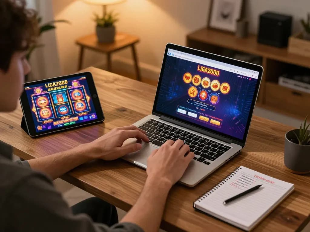 LIGA2000 player engaging with online casino platform at home, showcasing vibrant slots.