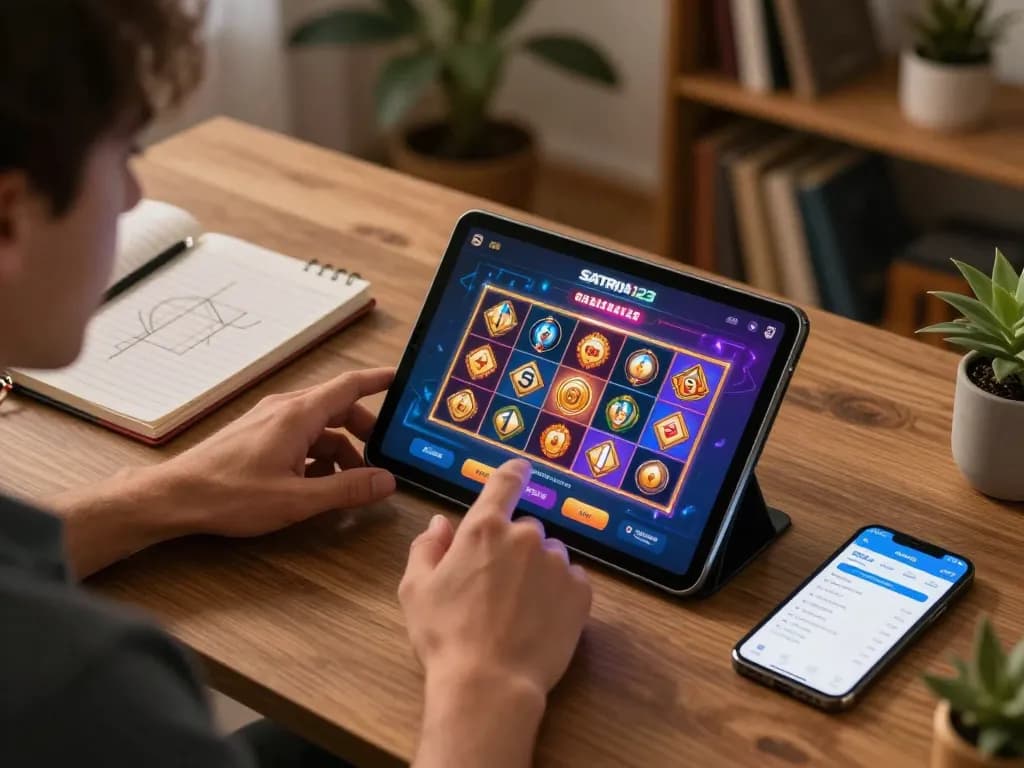 Engaging with the SATRIA123 app for an exciting online gaming session in a cozy setup.