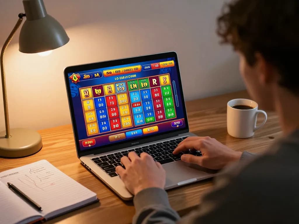Player engaging in lô đề trực tuyến on laptop, showcasing strategic betting options and cozy home ambiance.