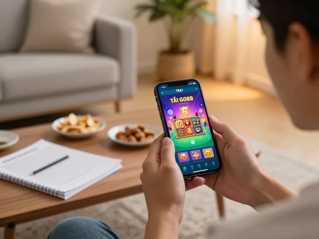 TẢI GO88 app showcasing exciting game interface on smartphone in a cozy home setting