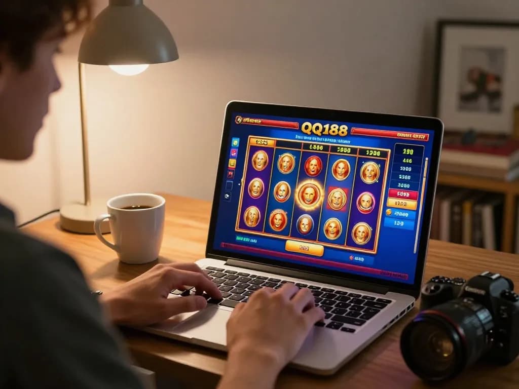 Berinteraksi dengan antarmuka Slot QQ188 sambil menikmati sesi bermain game di rumah yang nyaman.