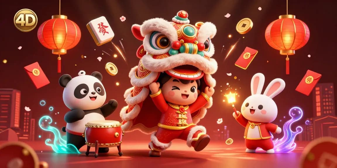 Experience the excitement of 4D gaming with dynamic characters and gambling elements illustrated in a festive scene.
