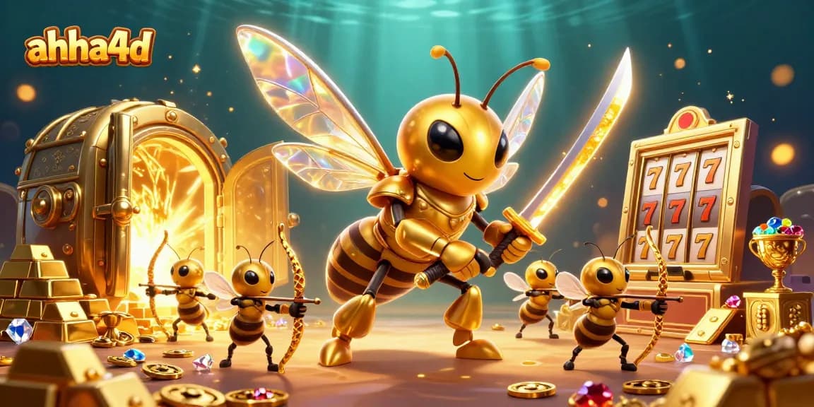 Experience the thrill of ahha4d gaming with a vibrant 3D illustration of a golden hornet samurai amidst gambling treasures.