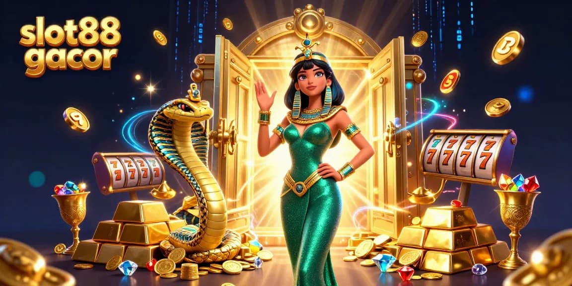Experience the thrill of slot88 gacor in an ultra-detailed 3D casino illustration featuring golden treasures and dynamic game elements.