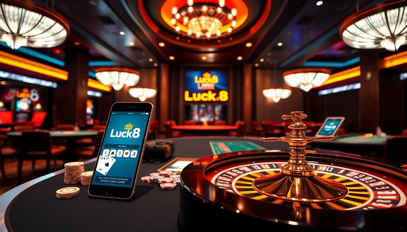 An exciting online gambling experience at https://luck8com.host/ showcasing casino tables, chips, and vibrant betting interfaces.