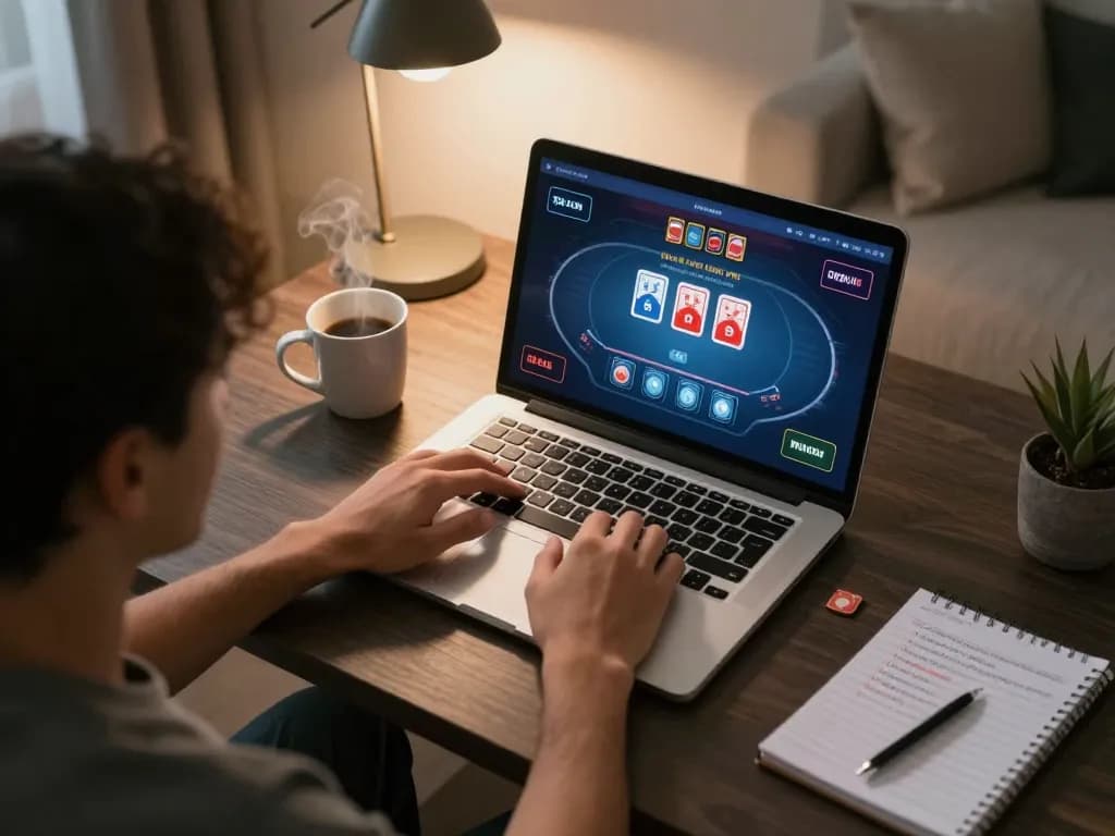 Engaging poker gameplay on laptop featuring peri11, combining strategy with a cozy home atmosphere.
