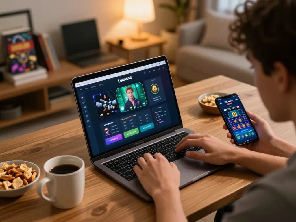 LIGALGO platform on laptop screen shows active online gameplay in a cozy home setting