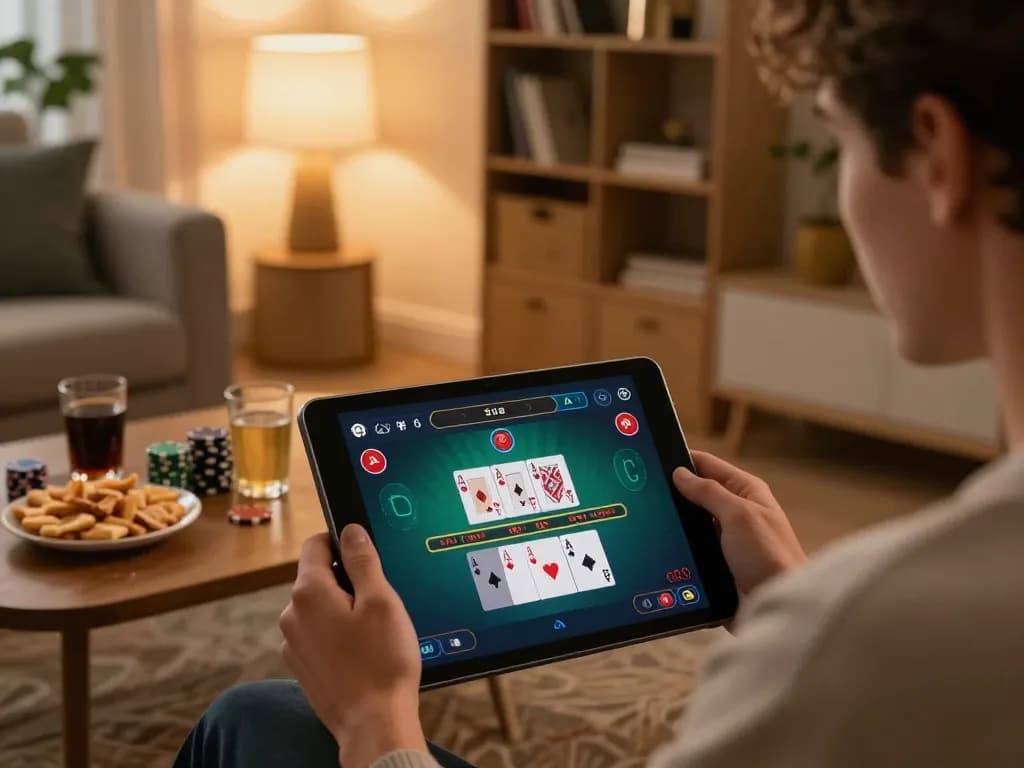 MPOID player enjoying online blackjack at home, showcasing vibrant tablet interface with chips and cards.