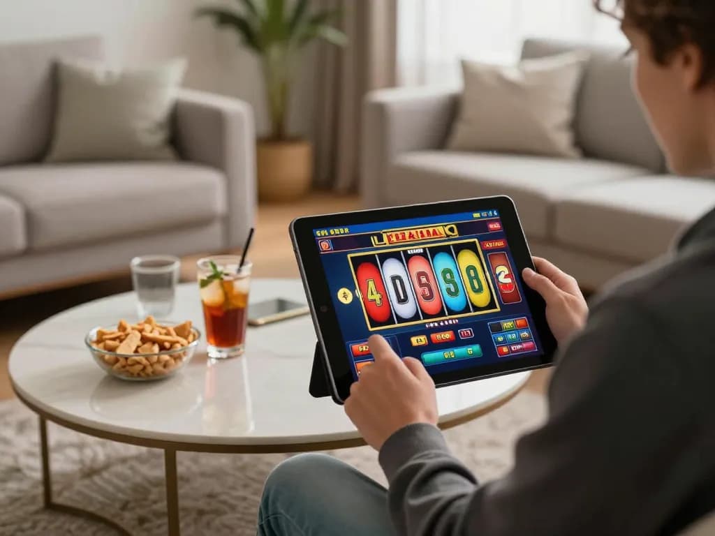Player enjoying online slots with UGDEWA on tablet, cozy atmosphere and snacks