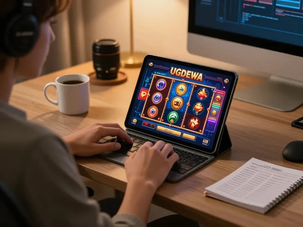 Engaging player enjoying the UGDEWA casino app on a tablet in a stylish home office setting.