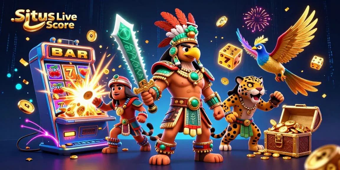 Situs Live Score showcases thrilling casino action with Aztec warriors, jackpot elements, and vibrant colors.
