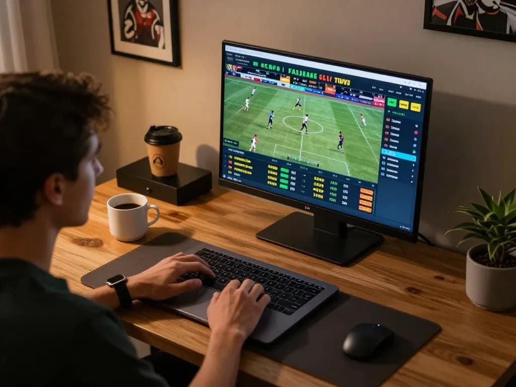 Engaged player studying keonhacai odds on laptop during a live sports betting session at home.