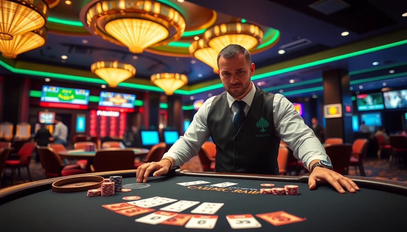 tkp188 dealer manages a blackjack table in an exciting casino atmosphere.