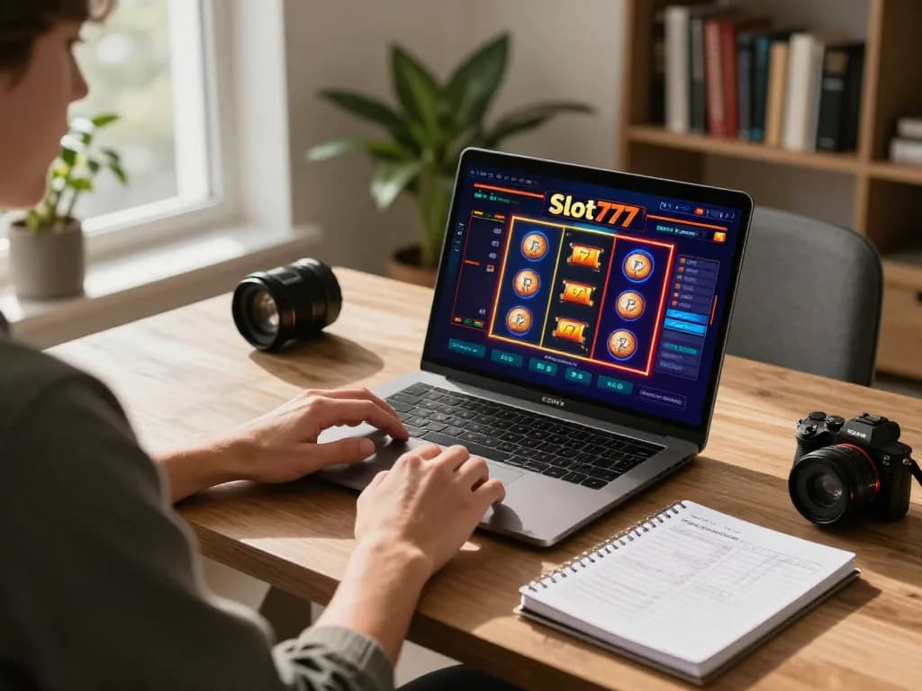 Engaging online Slot777 gaming on a laptop with vibrant visuals and strategic notes.