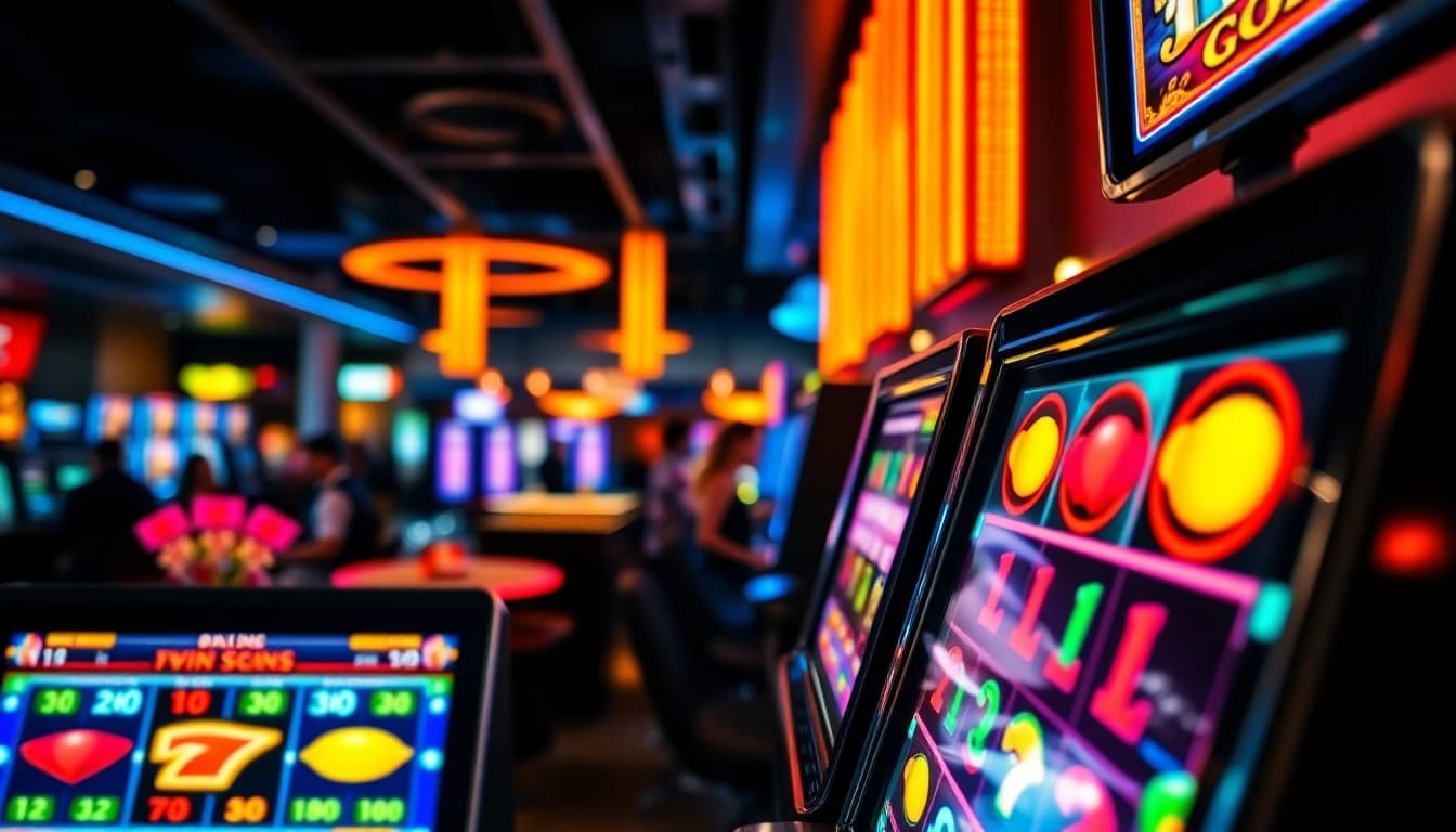 Menangkan situs slot gacor di mesin slot berlampu neon, menampilkan kombinasi pemenang.