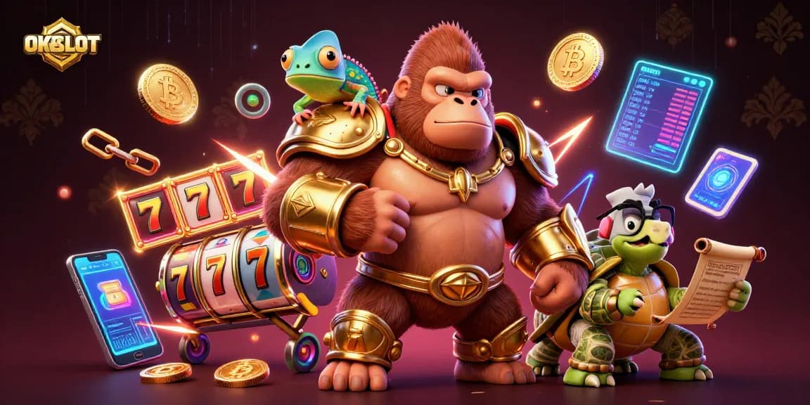 OKESLOT menampilkan gorila berarmor emas dan chameleon kompak di dunia slot menarik.