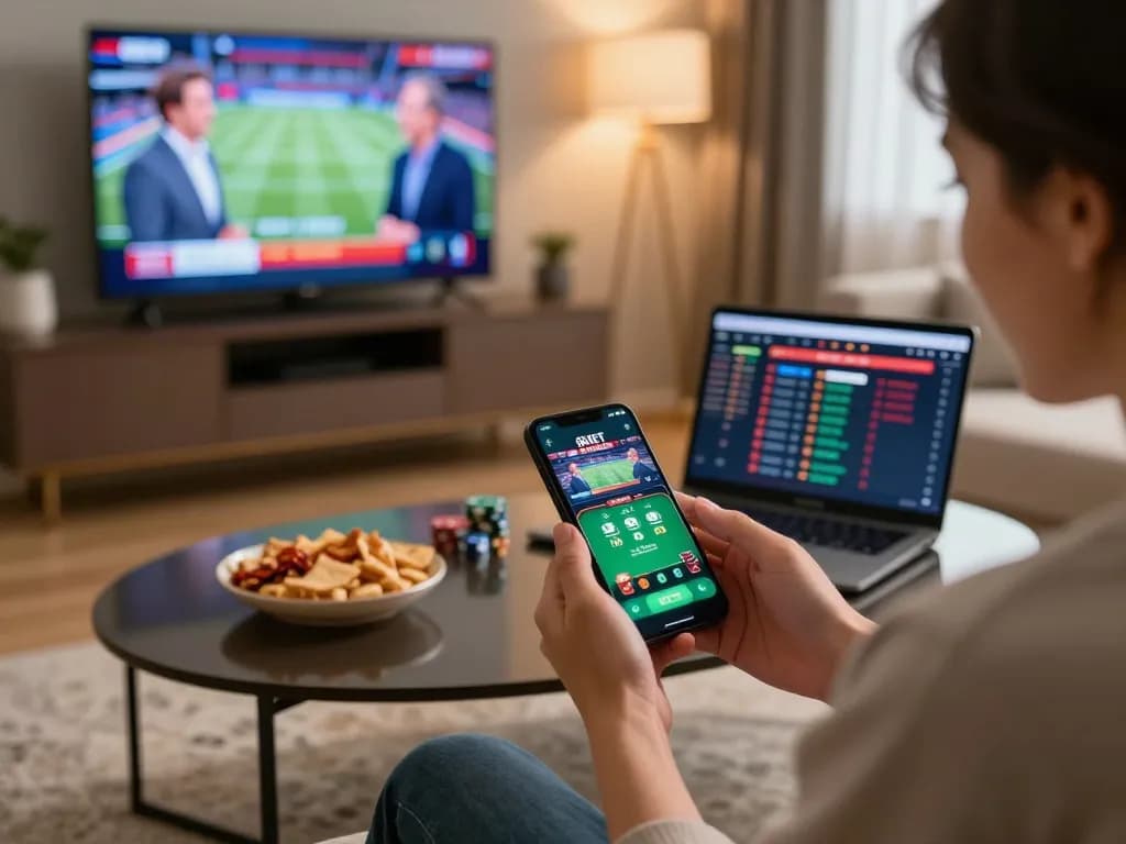 8KBET user engaging passionately with online betting app while enjoying cozy home environment