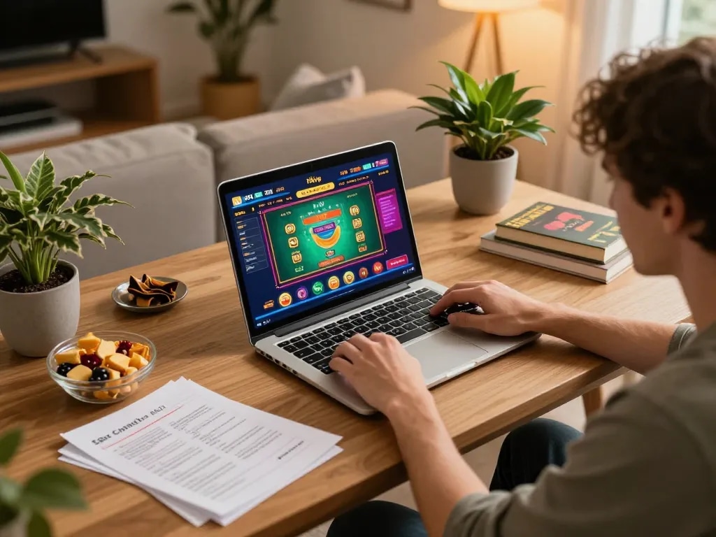 Player engaging in online casino gaming on rikvip platform with cozy home setup
