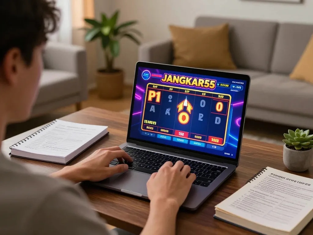 Experience JANGKAR55 gaming insights with an engaging player using a laptop at home