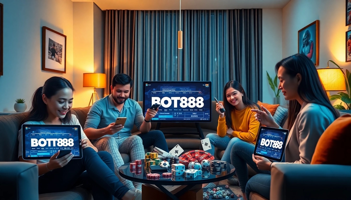 Exciting scene of diverse users engaging with the BOT88 online betting platform.