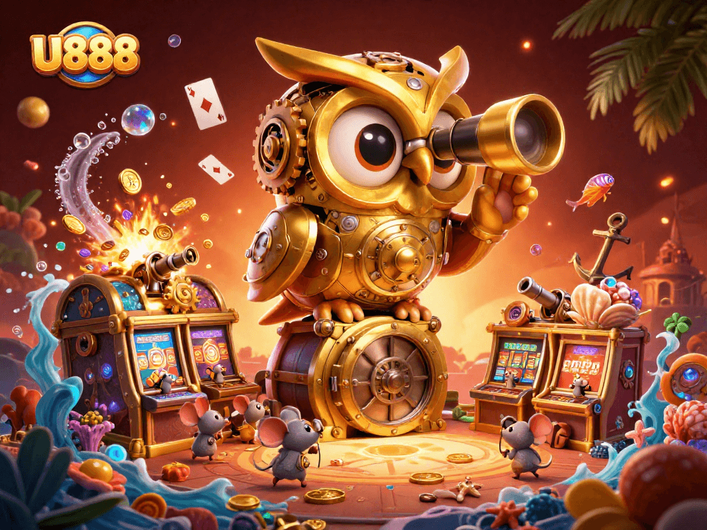 Spin to win at U888 with a vibrant 3D casino scene featuring playful elements.